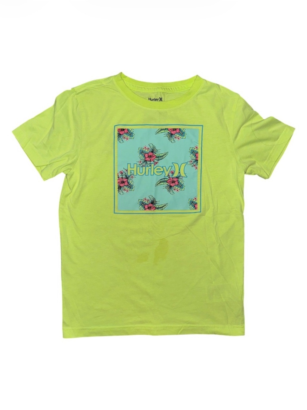 Hurley Neon and Turquoise Crewneck Tee with Tropical Floral Graphic